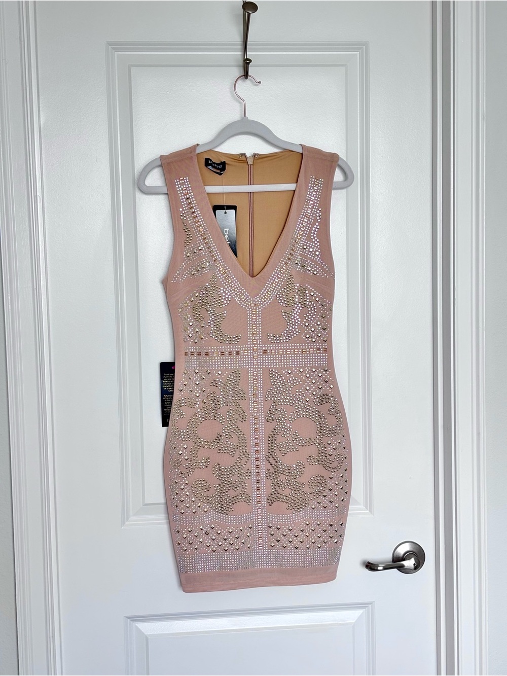 NWT Bebe Nude Studded Bodycon Mini Dress XS Y2K Glam Bandage Rhinestone Clubwear - Picture 2 of 14